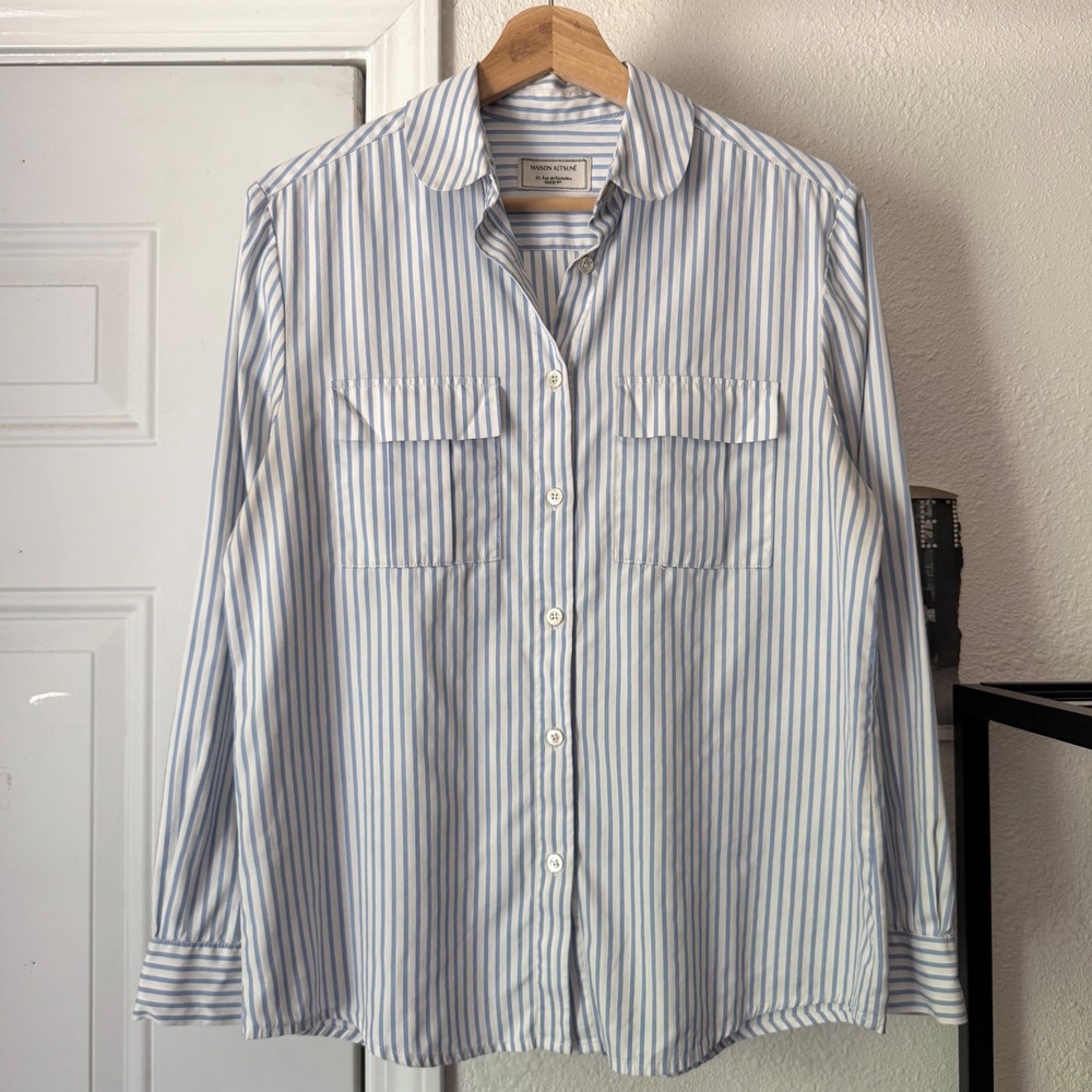 MAISON KITSUNE blue white striped cotton Peter Pan long sleeve button up shirt